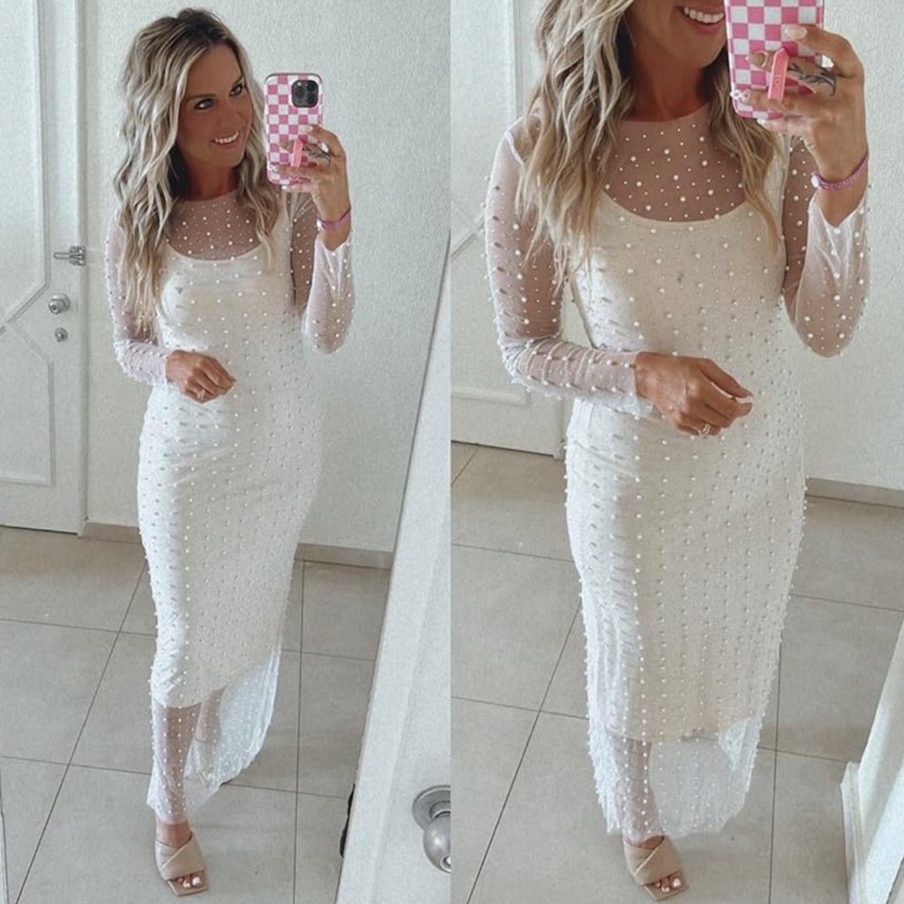 Women’s Sheer Mesh Dress White Pearls & Rhinestone Bridal Summer Bachelorette